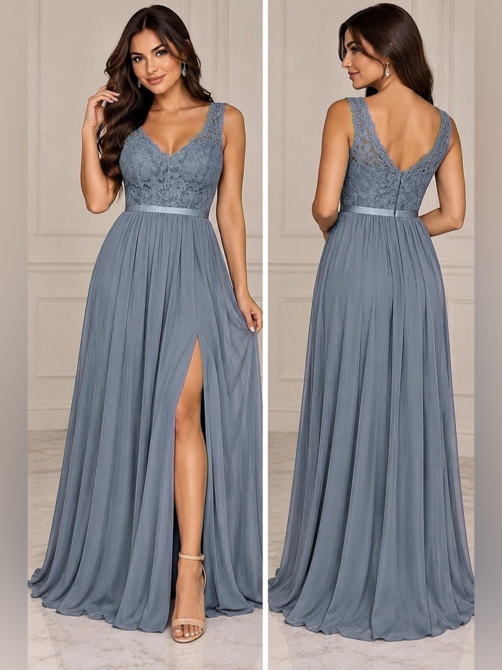 David’s Bridal Steel Blue Lace V-Neck Long Formal Bridesmaid Dress Size 10
